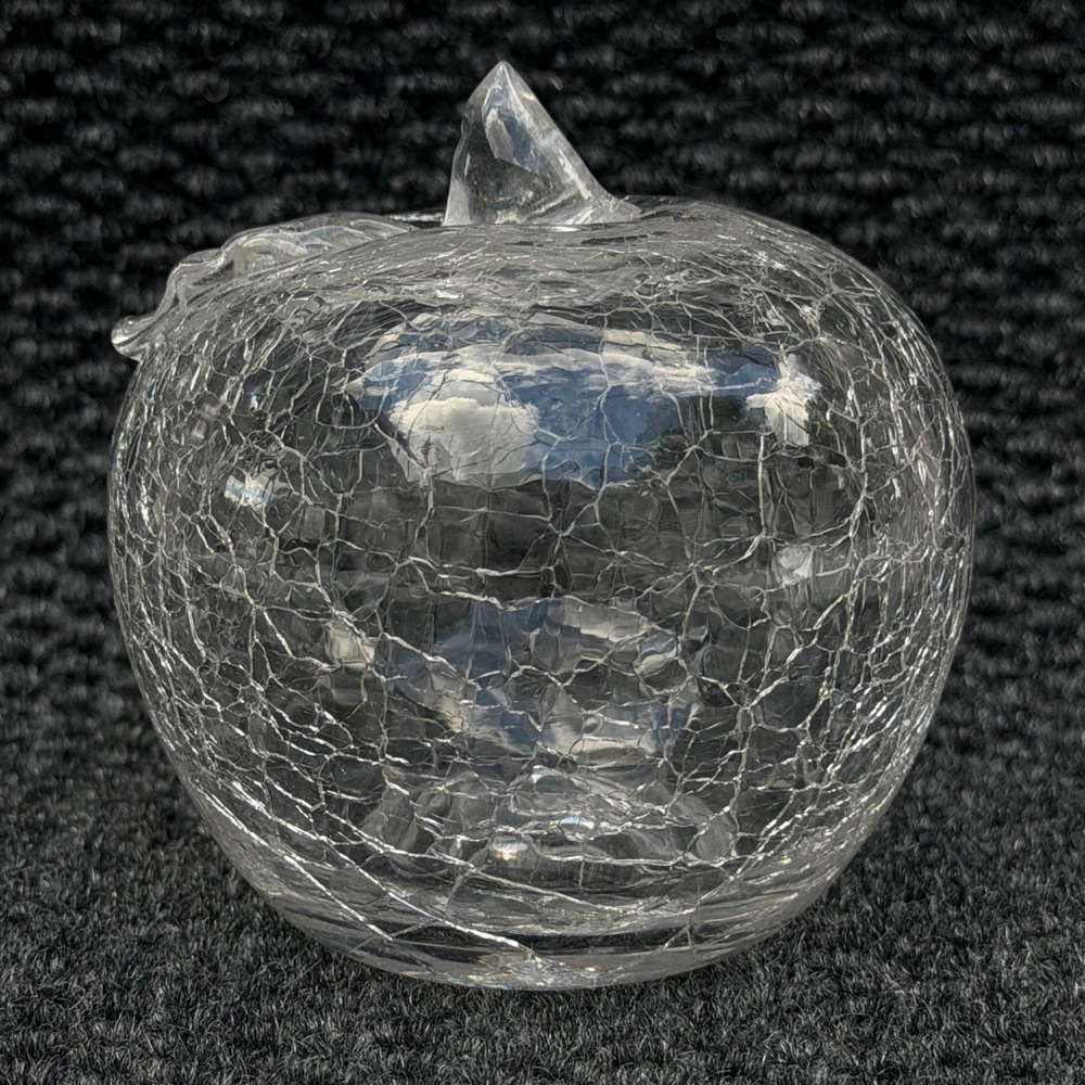 Clear Crackle Glass Apple Paperweight Figurine Decorative Desk Ornament 3.5in